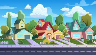 Houses on street of suburb town, cartoon family cottages