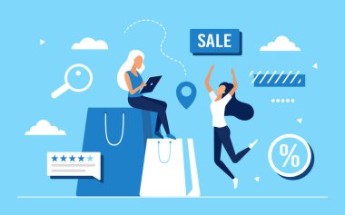 Çizgi film kadın alıcı karakterleriyle satış konseptini satın al