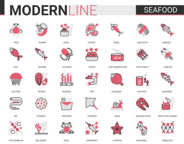 Seafood for shop cafe restaurant flat line icon vector illustration set of fish caviar, fresh salmon steak for cooking, crab octopus oyster