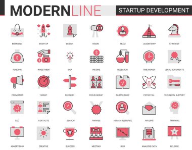 Business startup development technology flat line icon vector illustration set, outline successful business strategy for starting new project symbols