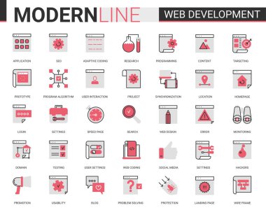 Web development thin red black flat line icon vector illustration set, developing symbols collection of optimization for webpage content, user interface design application
