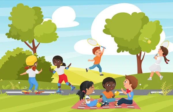 Cartoon-Kinder spielen in Sommerpark oder Gartenlandschaft — Stockvektor