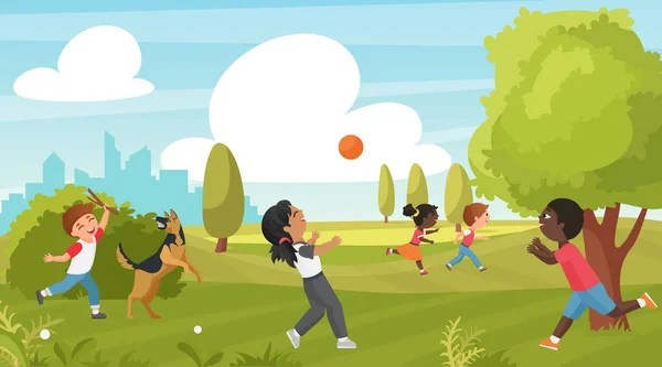 Дитяча гра в літньому парку, активний відпочинок у дитинстві — стоковий вектор