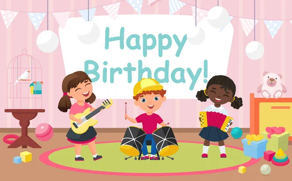 Kids celebrate birthday party, friends play fun music — стоковый вектор