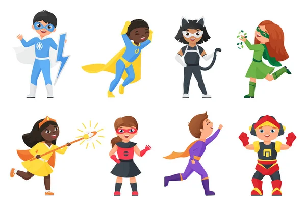 Super hero kids set, children in colorful costumes for party — Archivo Imágenes Vectoriales