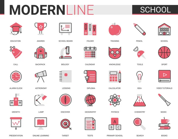 Ensemble d'illustrations vectorielles d'icônes plates pour l'enseignement scolaire avec contour scolaire collection d'objets éducatifs pour les élèves — Image vectorielle