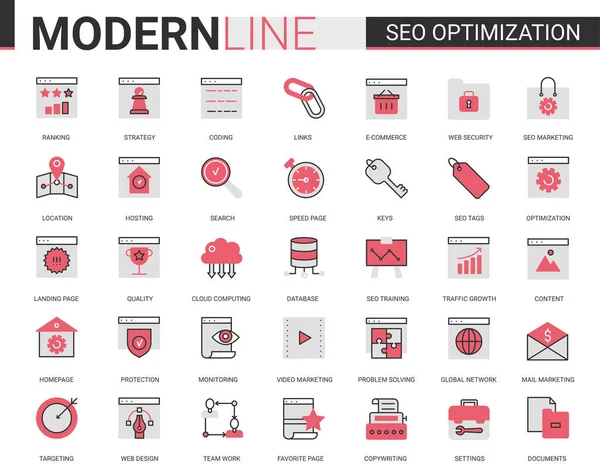 Seo optimization technology vector flat line icon set. Linear tech analytics website symbols for internet optimizing business marketing in social media, support of digital app design, web development. — Stock vektor