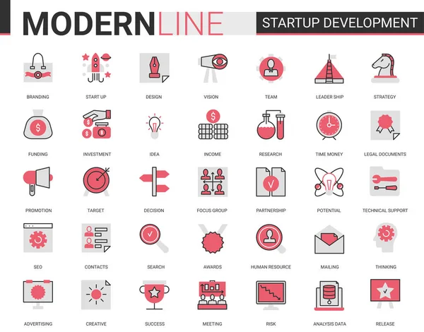 Business startup development technology flat line icon vector illustration set, outline successful business strategy for starting new project symbols —  Vetores de Stock