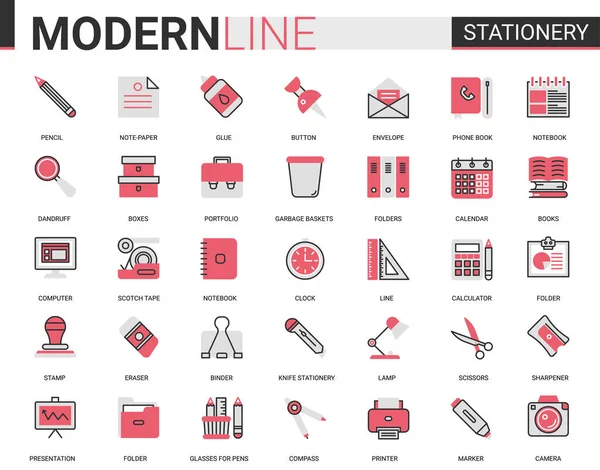 Stationery red black flat line icon vector illustration set, linear school and business office supplies symbols collection with pen pencil scissors folder glue — Stockvektor