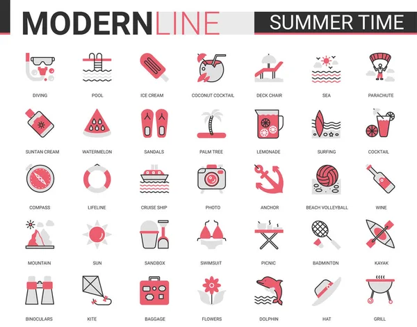 Summer time red black flat line icon vector illustration set of pictogram symbols collection with travel, beach vacation or holiday items and sport activity — Stockvektor