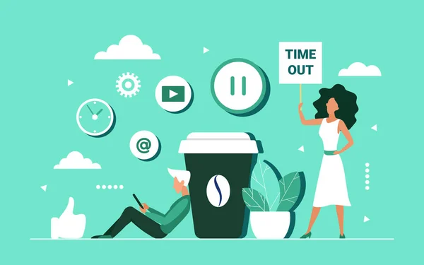 Coffee break concept, using social media for break from work — Vector de stock