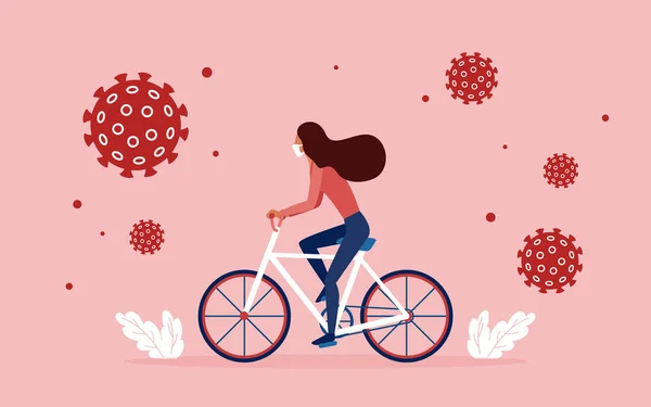 Mädchen trägt medizinische Schutzmaske, fährt Fahrrad — Stockvektor
