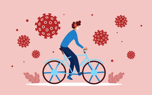 Coronavirus-Schutzkonzept mit Cartoon Man Cycling — Stockvektor