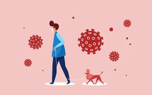 Hombre en máscara respiratoria médica pasear con perro mascota — Archivo Imágenes Vectoriales