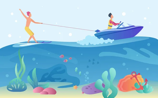 Deportes acuáticos extremos, hombre montando wakeboard y barco — Vector de stock