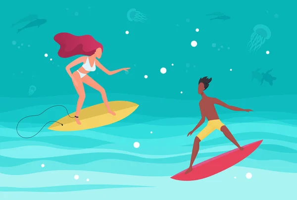 Spiaggia estiva sport acquatici attività, surfisti in onde marine — Vettoriale Stock