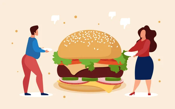Konsep makanan cepat saji, orang gemuk yang lapar makan burger makanan jalanan - Stok Vektor