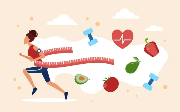 Concept de perte de poids avec bande dessinée femme mince jogging — Image vectorielle