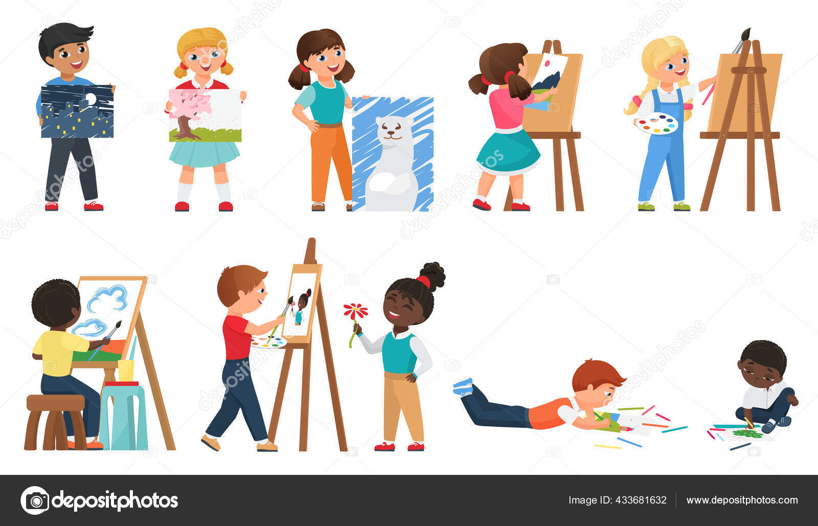 Crianças no jardim de infância desenhar e pintar em arte classe vetor  ilustração. Pré-escola crianças pintura e desenho fotos, desenhos animados  crianças personagens cartaz . imagem vetorial de luplupme.gmail.com©  301397246