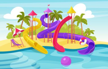 Water amusement park, cartoon aquapark summer resort with waterslides and pool clipart