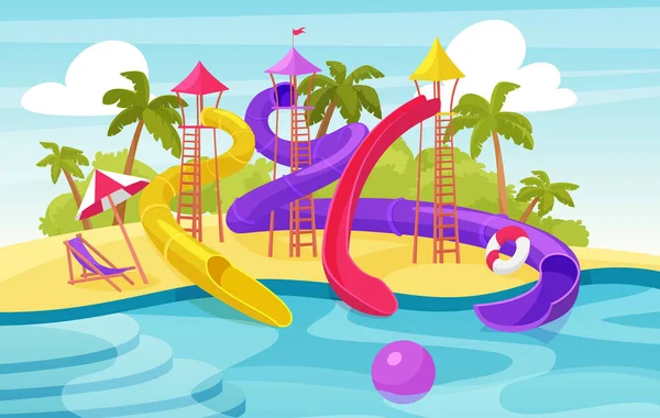 Parque de atracciones acuáticas, parque acuático de dibujos animados resort de verano con toboganes de agua y piscina — Vector de stock