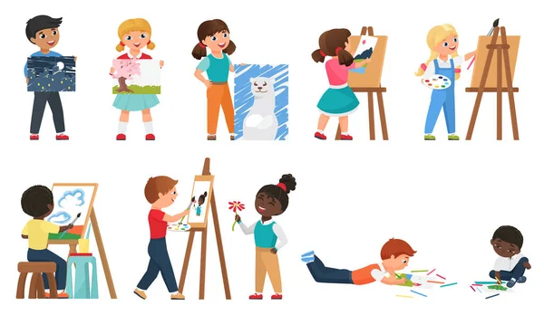 Ensemble de peinture pour enfants avec dessin animé jeunes artistes dessin travail d'art avec outil de peinture — Image vectorielle