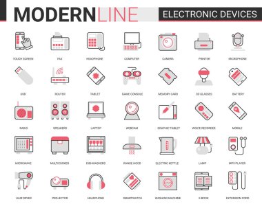 Elektronik aygıtlar düz ikon vektör illüstrasyon seti, bilgisayar aksesuarları ve mutfak aletleri koleksiyonu aygıt veya mutfak gereçleri için elektronik semboller