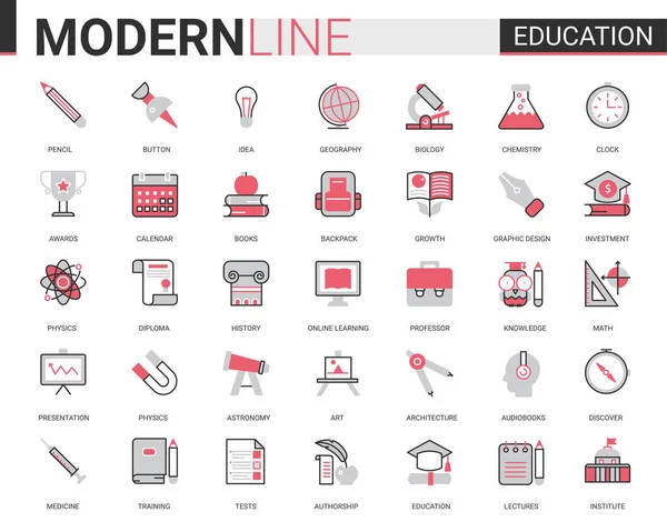 Educación plana delgada roja línea negra icono vector ilustración conjunto con contorno infografía escuela, laboratorio o universidad símbolos educativos, equipos de laboratorio experimento, libro de la escuela y papelería — Vector de stock