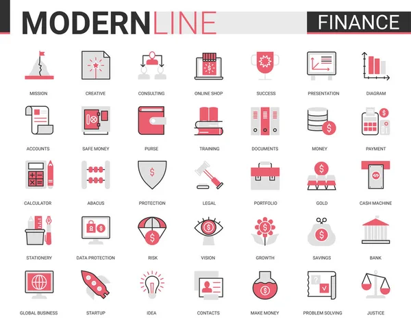 Фінанси плоска тонка червоно-чорна лінія значок Векторні ілюстрації набір з контуром фінансового бізнесу символів технології комерційного аналізу, консалтинг економічних даних та аналіз банківського рахунку . — стоковий вектор