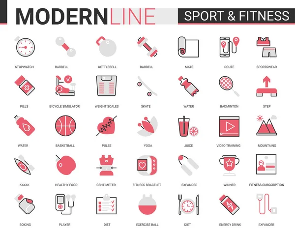 Fitness mode de vie sain plat mince rouge ligne noire icône vectorielle illustration ensemble avec équipement sportif athlétique contour symboles pour les exercices sportifs et l'activité de yoga — Image vectorielle