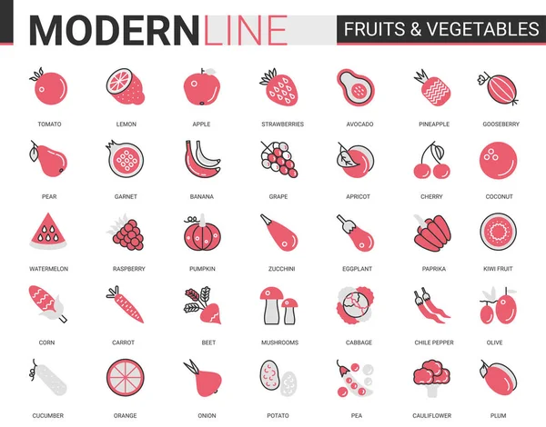 Obst Gemüse flache dünne rote schwarze Linie Symbol-Vektor-Illustration Set mit Umrissen frische Bio-vegetarische Lebensmittel Symbolsammlung — Stockvektor