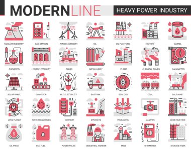 Ağır enerji endüstrisi kompleksi düz çizgi vektör çizimi. Metalurji, kimya fabrikası ve fabrikası, elektrik üretim sembolleri.