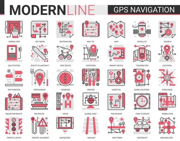 Gps Navigationsdienst komplexes Konzept flache Linie Symbol Vektor Illustration Set Sammlung von Reisesymbolen für mobile Navigator, Karte Geo-Standort von zu Hause oder Reiseziel — Stockvektor