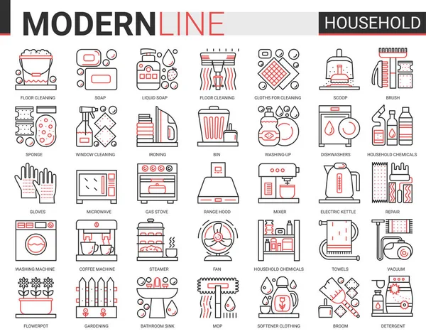 집안 도구 복잡 한 얇은 붉은 선 아이콘 벡터 그림 세트, 개요 청소, 요리 또는 정원용 선형 상징, 집안일 컬렉션 — 스톡 벡터