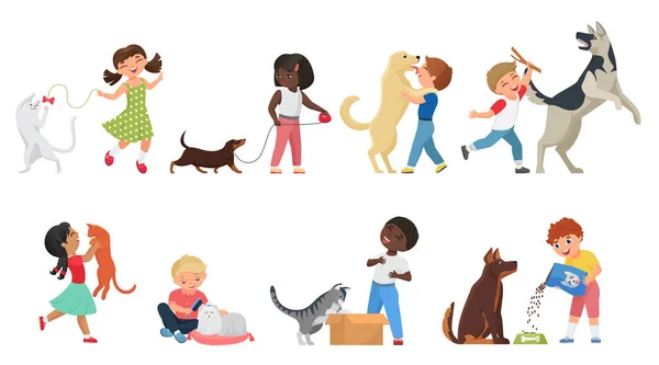 Feliz mascota propietario niños jugar con propios animales juntos conjunto — Archivo Imágenes Vectoriales