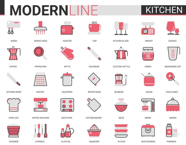 Flatline-Icon-Vektor-Illustrationsset für Küche, mit Glasgeschirr, Werkzeugen zum Kochen von Lebensmitteln und Haushaltsgeräten mobile App-Symbolsammlung — Stockvektor