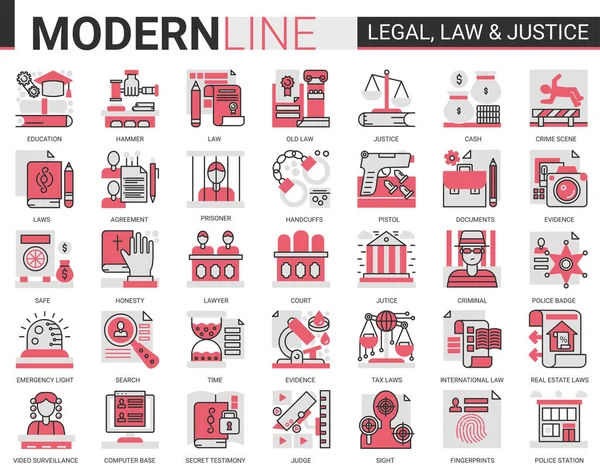 Ley legal y justicia concepto complejo línea plana icono vector ilustración conjunto de símbolos sitio web aplicación móvil con la educación legislación judicial, defensa de abogados, investigación policial — Vector de stock