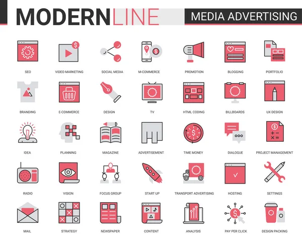 Mídia publicidade plana ícone vetor ilustração conjunto de esboço infográfico pictograma símbolos para aplicativos móveis com pesquisa de estratégia de marketing, promoção em mídias sociais —  Vetores de Stock