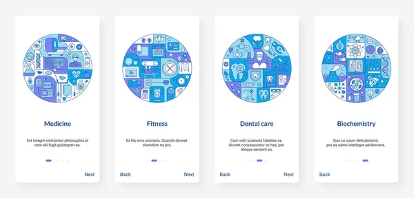 Recherche scientifique en médecine, dentisterie, fitness sportif UX, UI mobile app page screen set — Image vectorielle