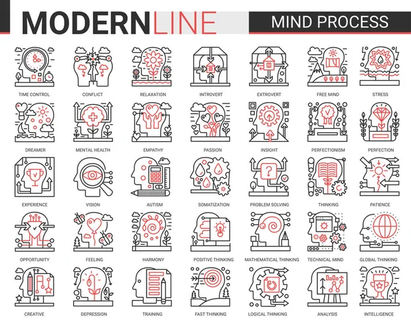 Proceso mental conjunto de ilustración de vectores de iconos de línea compleja. Red black thin linear symbols mobile app website with human head in brainstorm processing, mental health problem, cogwheel inside brain concept. — Vector de stock