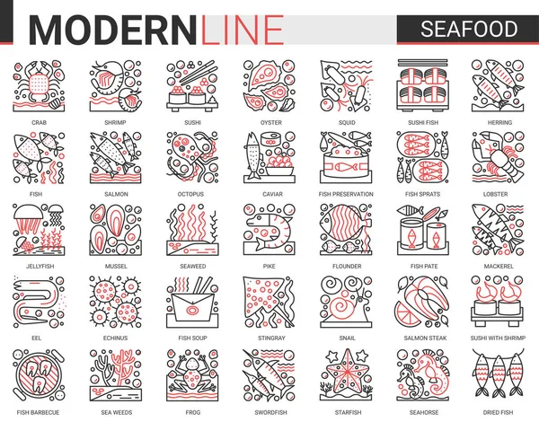 Tengeri ételek körvonalazza mini koncepció szimbólumok. Piros fekete vékony vonal infografika design kelet étterem tenger élelmiszer modern vékony vonal ikonok készlet — Stock Vector