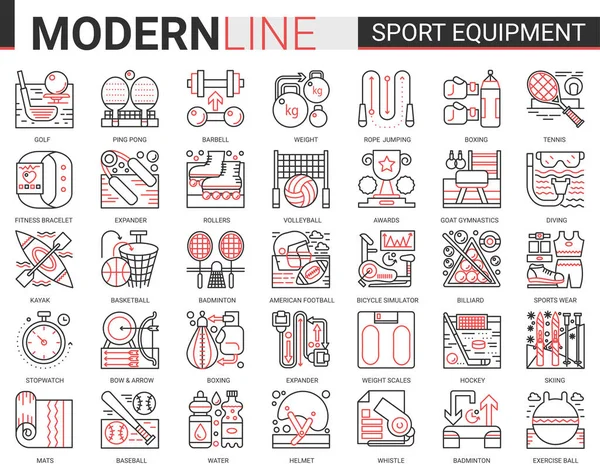 Sport Fitnessgeräte Komplex dünne rote schwarze Linie Icon Vector Illustration Set. Lineare Sportausrüstung für Sportlersymbole mit Sportbekleidung, Fitnessartikeln, Football-Baseball-Badminton-Tennisspiel — Stockvektor