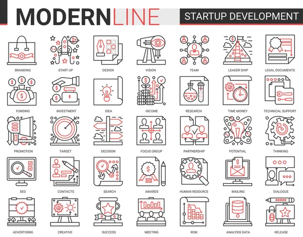 Creación de empresas tecnología de desarrollo complejo rojo negro línea vector iconos conjunto. Esbozar una estrategia de negocio exitosa para iniciar nuevos símbolos de proyecto con el desarrollo de la investigación de ideas de innovación — Archivo Imágenes Vectoriales