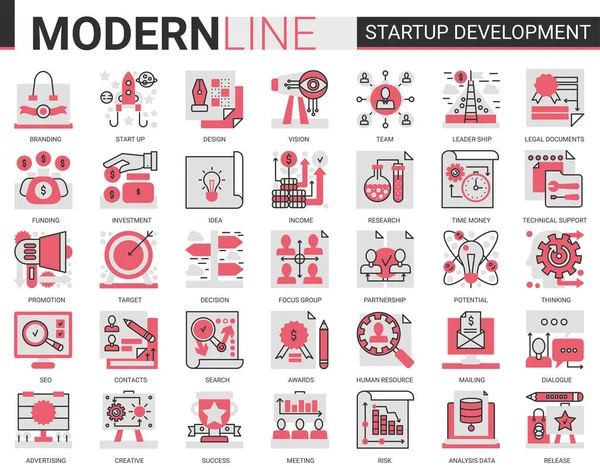 Empresa tecnología de desarrollo de arranque complejo rojo negro línea plana icono vector ilustración conjunto. Estrategia de negocio exitosa para iniciar nuevos símbolos de proyecto desarrollando la investigación de ideas de innovación. — Archivo Imágenes Vectoriales