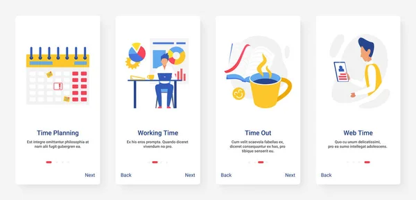 Business Time Planning Strategie für Arbeit und Kaffeepause UX, UI Mobile App Screen Set — Stockvektor