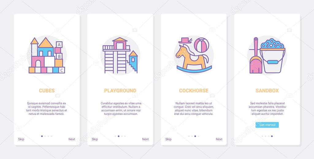 Kid toys, UX, UI onboarding mobile app page screen set with line kindergarten items