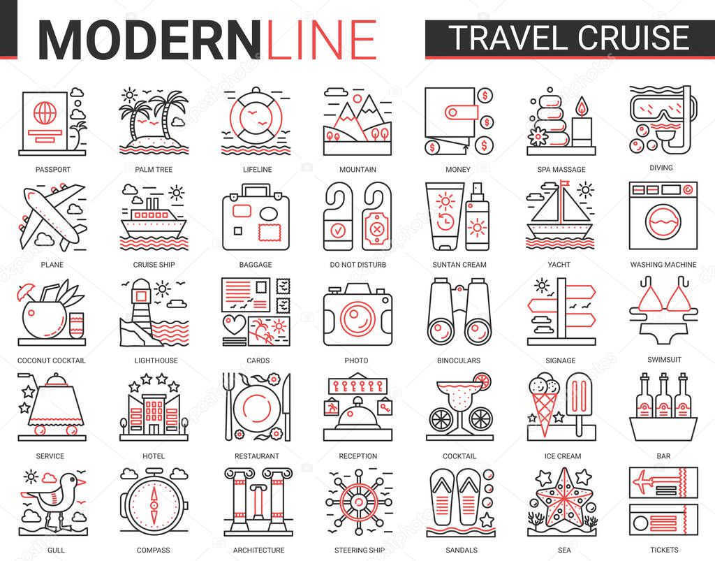 Travel cruise complex thin red black line icon vector illustration set. Outline tourism mobile app symbols of traveling transport, hotel service for tourists, sea summer beach party items