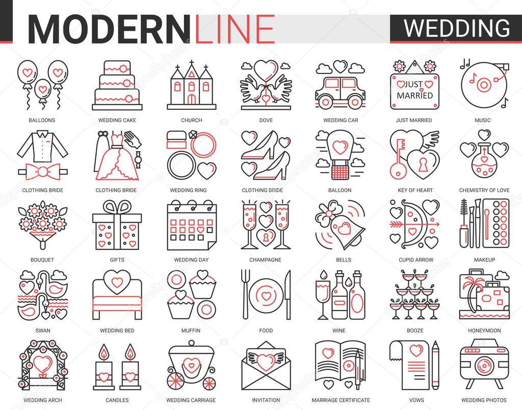 Wedding complex red black line icon vector illustration set. Outline symbols wedding ceremony and bridal party organization, linear collection of bride clothes, jewelry rings, cake balloon flowers.