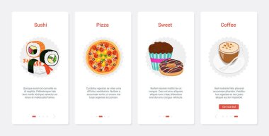 Fast food kafe suşi pizza tatlıları ve kahve, UX, UI mobil uygulama sayfası seti