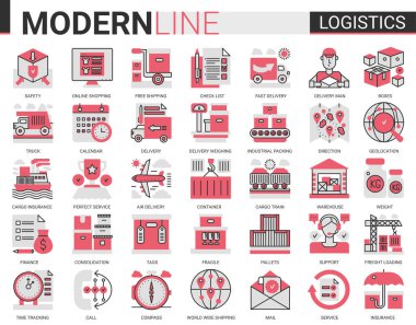 Lojistik ulaşım, dağıtım servisi kompleksi düz çizgi ikon vektör çizimi seti. Kırmızı siyah, taşınabilir uygulama web sitesi için kargo, depo yükleme, nakliye.